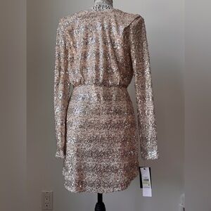 BCBG golden sequin embellished long sleeve knee length cocktail dress